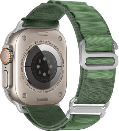 Stravo Alpine Loop Nylon Bandje Geschikt voor Apple Watch 46mm (Series 10/11), 45mm (Series 7/8/9), 44mm (Series 4/5/6, SE 1/2/3), 49mm (Ultra 1/2/3) – Groen/Zilver - Sportief Horlogebandjes met 6-Haak Sluiting