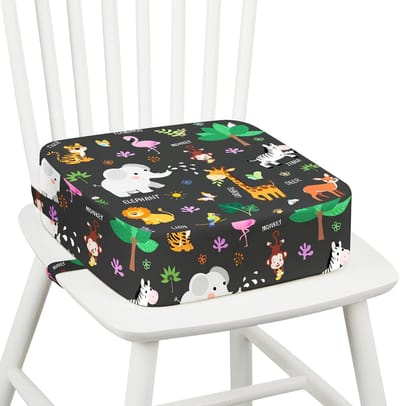 PromoHome Peuterstoelverhoger voor Eettafel, 10 cm dik, Spons Kinderzitje met Antislip Bodem & Verstelbare Riemen, Afneembaar en Wasbaar, Jungle Dieren Motief