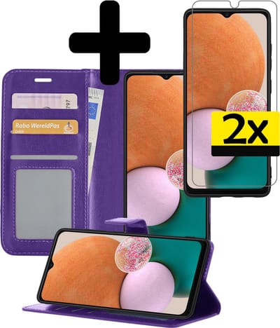 Hoesje - Met 2x Screenprotector - Geschikt voor Samsung Galaxy A13 5G - Luxe Pasjeshouder - Bookcase Portemonee - Flip Case - Kunstleer Book Case - Flipcase Hoes - Book Cover - Walletcase - Portemonneehoes - Telefoonhoesjes - Paars