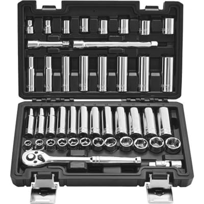 VEVOR 44-delige 9,5 mm aandrijfsleutel- en ratelset, SAE en metrisch, diep en ondiep, met opbergkoffer voor accessoires, CR-V-gelegeerd staal, voor autoreparatie