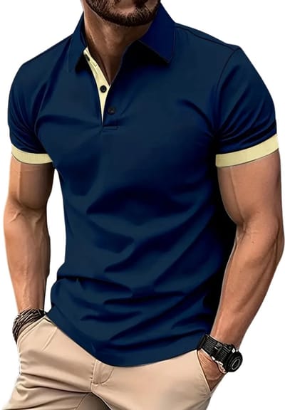 Bovista Golf Shirt Heren - T-shirt - Golfkleding - Golfen - Golf Accessoires - Polo Shirt - Marineblauw + Geel - Maat XS