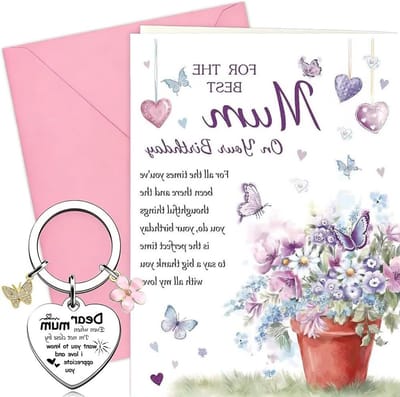 Moederdagkaart met envelop en sleutelhanger, roze bloemen en vlinder ontwerp, perfect cadeau voor moeder, verjaardag en waardering