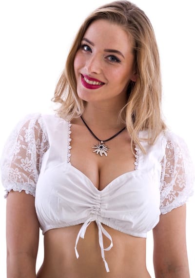Dirndl Blouse - Wit - Kant Mouwen - Verstelbaar Decolleté - Dames - Maat S