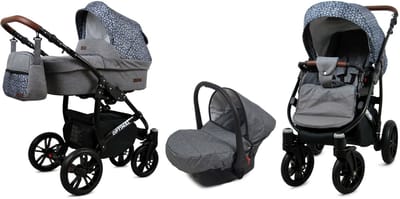 BabyLux® Kinderwagen 3in1 – OPTIMAL - SILVER STONE BLACK FRAME - Opklapbare Wandelwagen incl. Reiswieg, Multifunctionele Buggy Sportstoel, Autostoel - Combi-kinderwagen met Luiertas, Regenhoes, Klamboe, Bekerhouder, etc.