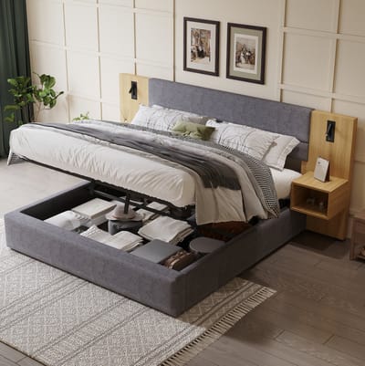 MEUNIQ tweepersoons bed 160 x 200 cm met hydraulische opbergruimte, lattenbodem, 2 nachtkastjes, USB-A en USB-C, verlichting, grijs en naturel