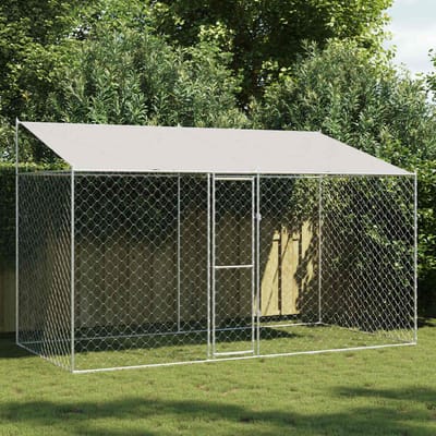 vidaXL - Hondenkooi - met - dak - zilver - 400 - x - 200 - x - 256 - cm - Staal - en - PE