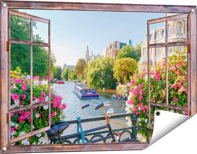 Gards Tuinposter Doorkijk Amsterdamse Kanaal met Bloemen - 90x60 cm - Tuindoek - Tuindecoratie - Wanddecoratie buiten - Tuinschilderij
