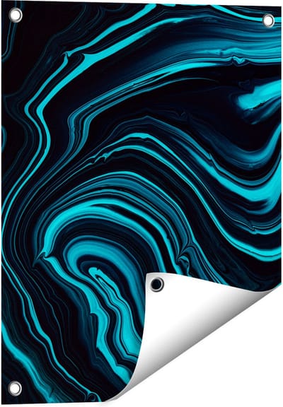 Gards Tuinposter Abstracte Kunst - Aqua Blauw met Zwart - 40x50 cm - Tuindoek - Tuindecoratie - Wanddecoratie buiten - Tuinschilderij