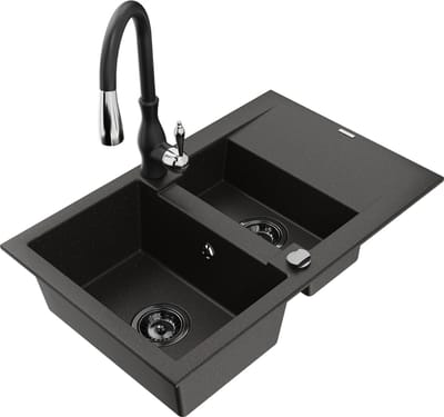 Mexen Gaspar granieten spoelbak 1,5-kamer met afdruiprek en keukenkraan Savita, zwart/goud - 6507-75-672601-70-B