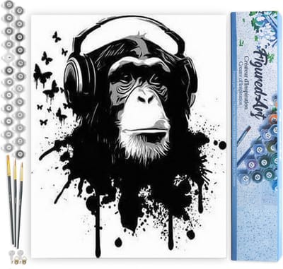 Figured'Art Schilderen op Nummer Volwassenen canvas Gorilla met koptelefoon - Handwerk acrylverf Kit DIY Compleet - 40x50cm zonder frame