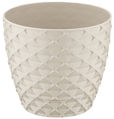 3+2 - Bloempotten - rond crème met afwatering en wateropvang - 5 ronde beige sierpotten
