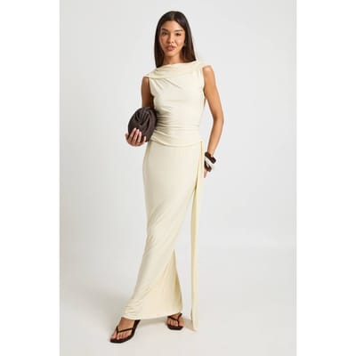 boohoo Dames Slinky Maxi Rok Met Mesh Drapering | Cream | Maat: 8