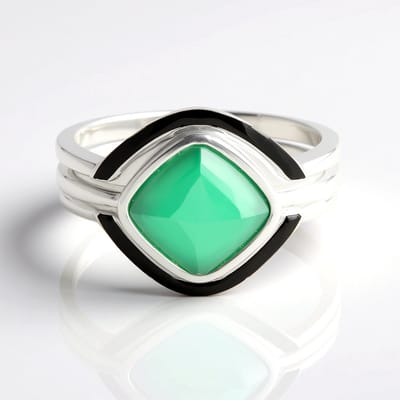Cavill - Zilveren Ring - 925 Sterling Zilver - Groene Chalcedoon 1 216 ct - Antiek Kussen Slijpsel - Geometrisch Design - Elegante Damesring