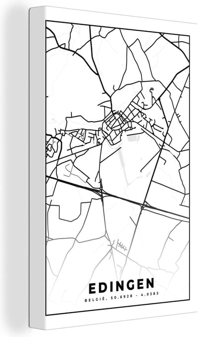 Canvas Schilderij Stadskaart – Plattegrond – België – Zwart Wit – Edingen – Kaart - 20x30 cm - Wanddecoratie