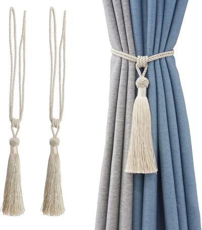Gordijnstrikken Handgemaakte koorden met kwastjes, paar gordijngespen, gordijnvoeringstrikken voor kantoor, woondecoratie, 2-delige set (beige, 2 stuks)