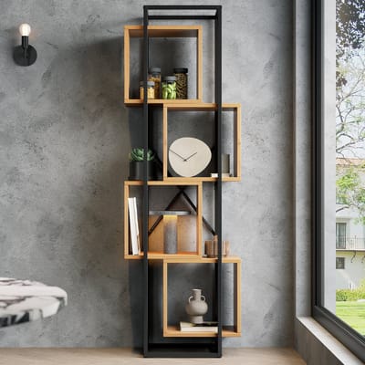 OKWISH Boekenkast – Stapelontwerp – 59 x 30 x 180 cm – MDF En Metaal – Zwart Bruin – 4 Open Vakken – Vrijstaand