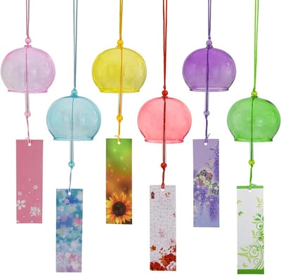 Handgemaakte 6-delige Japanse Windgong van Kleurig Glas voor Buiten, Tuin en Patio Decoratie