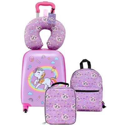 VEVOR 5-delige kofferset voor kinderen, 457,2 mm, harde koffer met trolley, rugzak, nekkussen, lunchbox en bagageaccessoires, bagageset voor jongens en meisjes, praktisch voor reizen en vliegen (Eenhoorn)