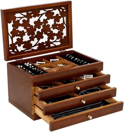 Sieraden opberger - Juwelendoos - Sieraden organiseren - Houten kist - 295 x 185 x 175cm - Houtkleur