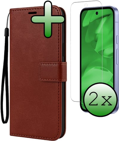 Hoesje Met 2x Screenprotector - Geschikt voor Google Pixel 9a - Luxe Pasjeshouder - Bookcase Portemonee - Flip Case - Kunstleer Book Case - Flipcase Hoes - Book Cover - Walletcase - Portemonneehoes - Bruin