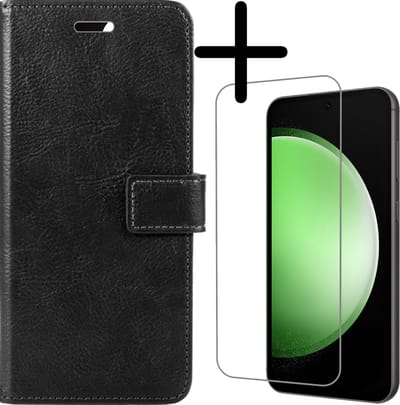 Hoesje Met Screenprotector - Geschikt voor Samsung Galaxy S23 FE - Luxe Pasjeshouder - Bookcase Portemonee - Flip Case - Kunstleer Book Case - Flipcase - Book Cover - Walletcase - Portemonneehoes - Zwart