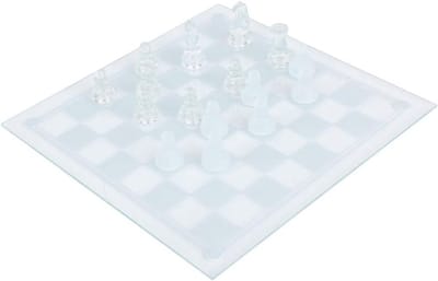 Glazen Schaakset 25x25cm met Frosted Schaakstukken - Internationaal Schaakbord voor Thuisdecoratie en Spelplezier - 32 Stukken en 1080g