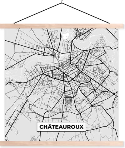 Posterhanger incl. Poster 40x40 cm - Schoolplaat - Plattegrond – Châteauroux – Stadskaart – Kaart – Frankrijk - Textielposter - Blanke latten - Stadskaart