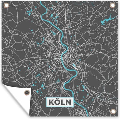 Tuin poster Köln – Stadskaart – Blauw – Plattegrond – Stadskaart – Kaart - Duitsland - 200x200 cm - Tuindoek