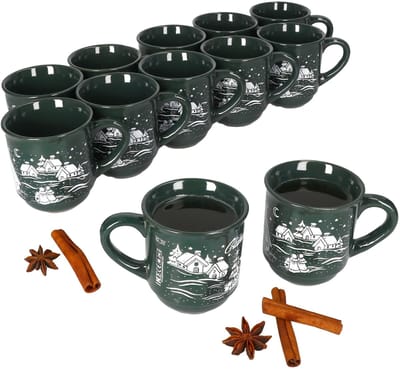 Set van 12 glühwein mokken in donkergroen met kerstlandschap 0,2 liter, gekalibreerd
