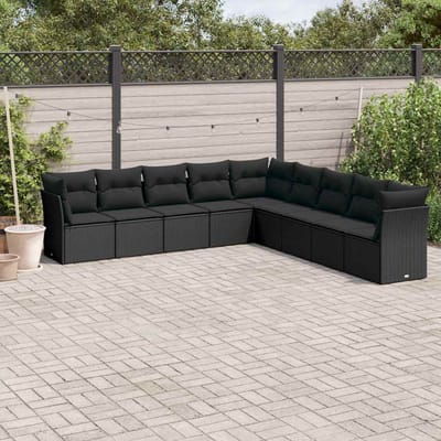 vidaXL - 9-delige - Loungeset - met - kussens - poly - rattan - zwart