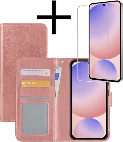 Hoesje - Met Screenprotector - Geschikt voor Samsung Galaxy S24 FE - Luxe Pasjeshouder - Bookcase Portemonee - Flip Case - Kunstleer Book Case - Flipcase - Book Cover - Walletcase - Portemonneehoes - Rosé goud