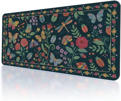 Grote antislip gaming muismat met libelle en vlinder print in donkergroen, waterdicht en ideaal voor computer en laptop, 80 x 40 cm