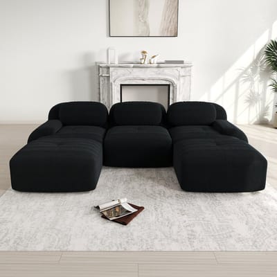 Modulaire corduroy U-bank zonder frame - voor woonkamer, slaapkamer en kantoor - 4-6 personen - zwart - extra brede armleuningen - 32D hoogelastisch schuim - geen montage, antislip en huisdiervriendelijk