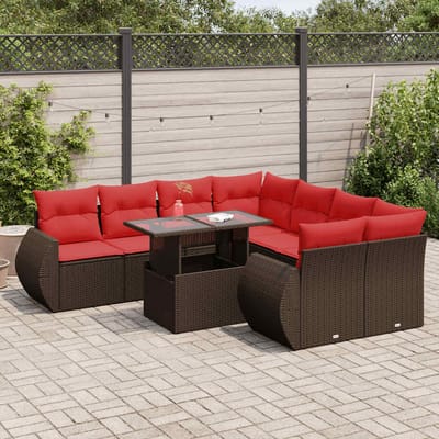 vidaXL - 9-delige - Loungeset - met - kussens - poly - rattan - acacia - bruin