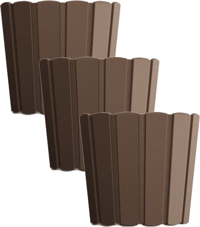 Set van 3x stuks wood-look plantenpot/bloempot kunststof dia 14.5 cm/hoogte 13 cm houtbruin voor binnen/buiten