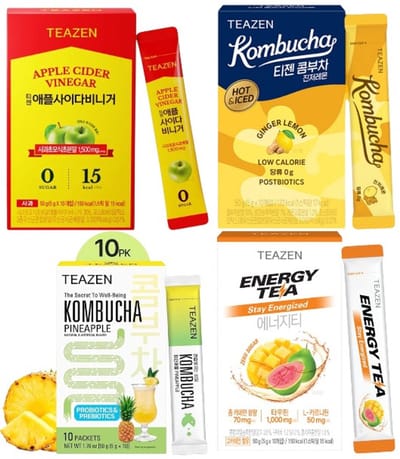 TEAZEN Kombucha Wellness & Detox Pack – Energy Boost Papaya • Ginger Lemon • Apple Cider • Pineapple – 4×10 sticks – Suikervrij