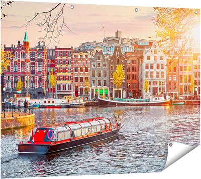 Gards Tuinposter Amsterdamse Huisjes vanaf de Grachten - 120x90 cm - Tuindoek - Tuindecoratie - Wanddecoratie buiten - Tuinschilderij