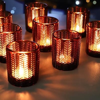 Theelichthouders Set - Glazen Kandelaars - Sfeerverlichting Creëren - Reliëf Tarwe Patroon - 12 Stuks - Bruin