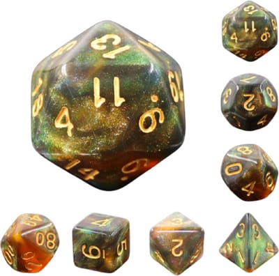 Polyset Dice | Dobbelstenen - Set Van 7 Stuks - Oranje Zwart Glitters en Goud| Polydice | Voor D&D en Andere Rollenspellen | Plastic Dobbelstenen Set voor Dungeons and Dragons | Polyhedral Dice Set | Mooie Zwarte Velvet Dice Bag voor Ongeveer 3 Sets