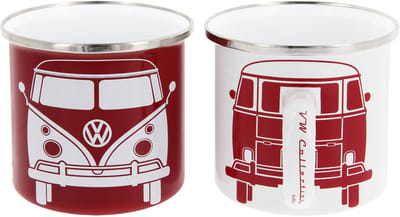 BRISA VW Collection - Volkswagen Set van 2 Geëmailleerde Koffie-Thee-Cappuccino-Kop-Mok-Haferl-Mok voor Camping & Buiten T1 Bus (350 ml x2/Zwart & Blauw)