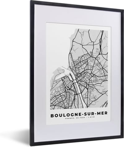 Fotolijst incl. Poster - Frankrijk - Boulogne-sur-Mer - Stadskaart - Plattegrond - Kaart - 30x40 cm - Posterlijst
