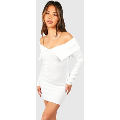 boohoo Dames Bardot Heavy Rib Long Sleeve Mini Dress | Creme | Maat: 40