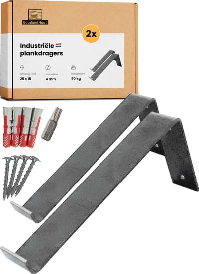 GoudmetHout® Industriële Plankdragers L-vorm - 25 cm - Stalen Plankdrager voor Wandschap, Muurrek of Wandconsole - Max 50 kg - 2 Stuks - Zonder Coating