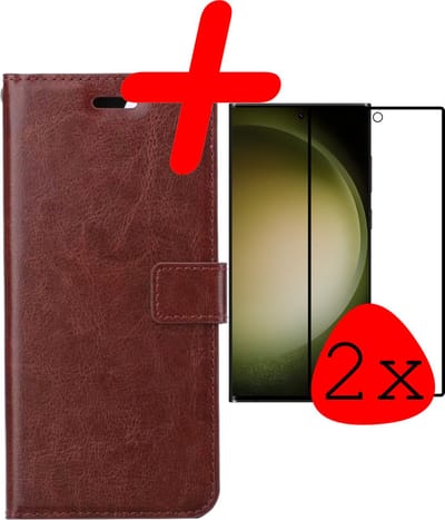 Hoesje Met 2x Screenprotector - Geschikt voor Samsung Galaxy S23 Ultra - Luxe Pasjeshouder - Bookcase Portemonee - Flip Case - Kunstleer Book Case - Flipcase Hoes - Book Cover - Walletcase - Portemonneehoes - Bruin
