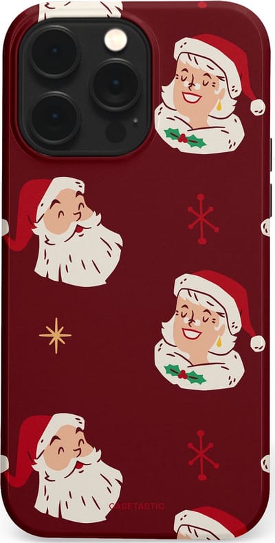 Casetastic hoesje geschikt voor Apple iPhone 14 Pro Max - MagSafe - Dubbellaagse bescherming - Mr. & Ms. Santa - Kerst - Fashion Case - Bordeaux Lichtgrijs Taupe