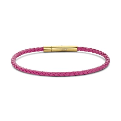 CO88 Collection 8CB-90915 Stalen Armband - Dames - Leer - Gevlochten - 18.5 cm - Roze - 3 mm - Goudkleurig