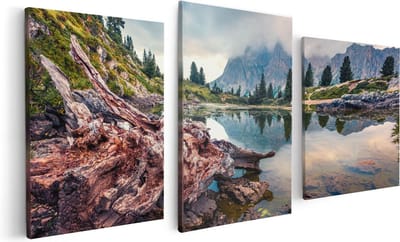 Artaza Canvas Schilderij Drieluik Meer Met Rotsen In De Alpen Bergen - 120x60 cm - Wanddecoratie Woonkamer - Schilderijen - Muurdecoratie