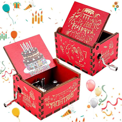 Allecto Plus - Handmatige muziekdoos met Happy Birthday melodie - Houten vintage muziekdoos - Gegraveerde mini muziekdoos - Handbediende speeldoos voor verjaardagscadeaus - Familie, vrienden, gelukkige verjaardag.