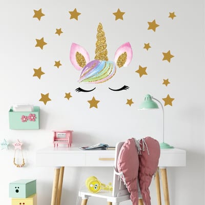 Muursticker unicorn - eenhoorn oogjes en gouden sterren kinderkamer