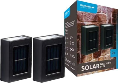 Modee Solar Buitenlamp LED - Wandlamp op Zonne Energie - IP44 - 7.4x10cm - Daglicht Wit - 1x set van 2